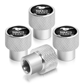 iPick Image Ford Mustang 50 Years in Black on Silver Chrome Aluminum Tire Valve Stem Caps