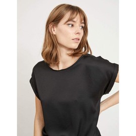 Chigant Short Sleeve Silk Blouse Satin Shirts for Women Crewneck Summer Work Tunic Tops(Black,X-Large)