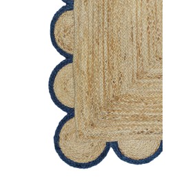 Weaving Village Scalloped Natural Jute Area Rug, Navy Trim, 2'6"x6'