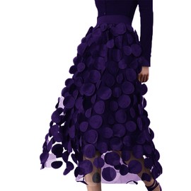 Women Tulle Midi Skirt High Elastic Waist 3D Polka Dot Mesh Skirt A-Line Layered Bubble Skirt Graduation Dress (Purple, One Size)
