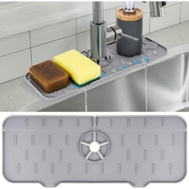 PeakTrend Kitchen Sink Splash Guard Silicone Faucet Handle Drip Catcher Tray, Dish Soap Dispenser and Sponge Holder Mat , Kitchen Gadgets Sink Accessories for Kitchen Counter Bathroom