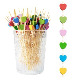 200 PCS Cocktail Sticks, Bamboo Sticks with Coloured Hearts, Bamboo Sticks for Charcuterie and Sandwich, Cocktail Accessories for Drinks, Candy Floss Sticks Burger Sticks Fruit Stick