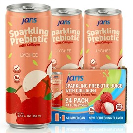 Jans Sparkling Prebiotic with Collagen Soda Beverage — Lychee 8.4 Fl Oz (24-Pack) – Low Calorie, NO Added Sugar, Non-GMO Sparkling Fruit Beverage, Gut Health Support