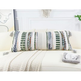 NUYECY Chenille and Cotton Long Pillow for Bed,Striped Textured Boho Long Lumbar Throw Pillow Cover 14x36,Neutral Accent Decorative Extra Long Body Pillow Case for Couch Sofa Bedroom,Sage Green