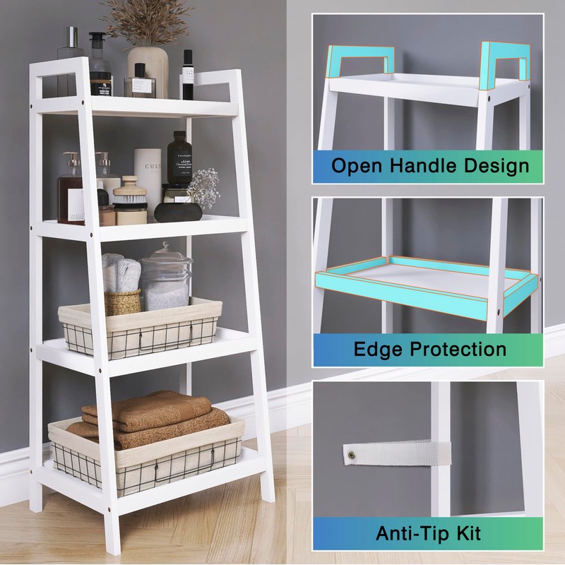 SMIBUY Bamboo Ladder Bookcase, Bathroom Storage Rack Organizer, 4 Tier