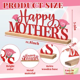 MiniInflat Happy Mother's Day Metal Sign Mother Table Centerpiece Gifts with Tulip Decoration Wood Base for Mom Grandma Wife Tiered Tray Decor Home Office Mantel Shelf Tabletop Desk Party Supplies