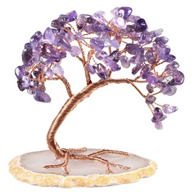 Nupuyai Amethyst Crystal Tree with Agate Slice Base, Money Tree Figurines Fengshui Ornament for Home Office Wedding Decoration