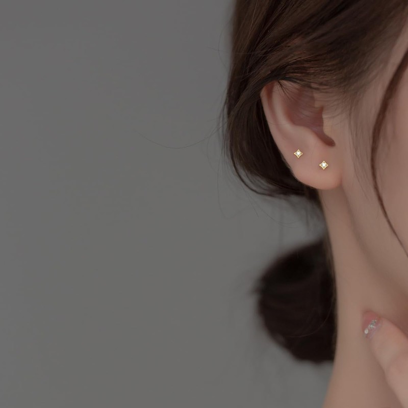 925 Silver Earrings, Gold, 18K Coating, Ultra Small, Rhombic, CZ