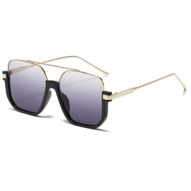 Long Keeper Retro Oversize Pilot Sunglasses for Women Men Aviation Sunglasses Square Double Bridge Sun Glasses Semi-Rimless Vintage Shades UV400 Protection (Gold Black Frame - Gradient Grey Lens)