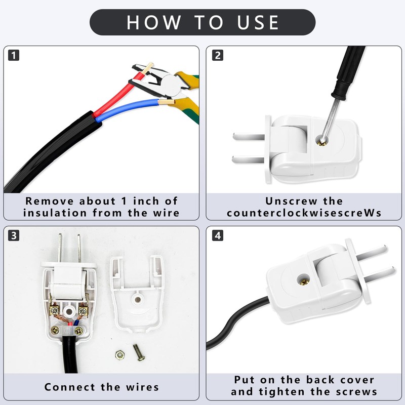 Replacement Plug 2 Prong, Extension Cord Replacement Male Power Plug,