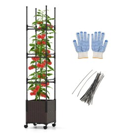 Adjustable Height 87-Inch Tall Raised Garden Bed with Lockable Wheels Plant Box Trellis Garden SuppliesColor: Brown+Black Color