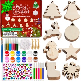 Christmas Ornaments Craft Kit, 48 Pcs Blank Wood Slices for Painting with Paint Pens and Brushes, DIY Wooden Christmas Ornament Set for Tree Decorations, Family Holiday Activities and Gifts