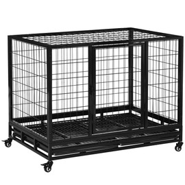 PawHut 43" Heavy Duty Dog Crate, Indestructible Dog Cage Kennel with Removable Tray, Lockable Wheels and Double Door, for Large and Extra Large Dogs, Black