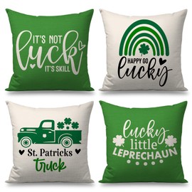 OPULANE St Patricks Day Pillow Covers 18x18 Set of 4 Lucky Shamrocks Clovers Rainbow Truck Decorative Throw Pillowcases Spring Holiday Decorations for Sofa Couch Farmhouse Home Decor