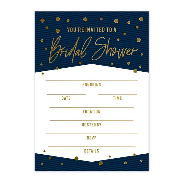 Raised Gold Foil Bridal Shower Invites / 25 Cards With White Envelopes/Modern Navy And Gold Invitations