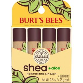 Burt's Bees Bálsamo labial hidratante de karité y aloe, hidratante labial con cera de abejas de origen responsable, sin tinte, tratamiento acondicionador de origen natural, 4 tubos, 0.15 onzas.