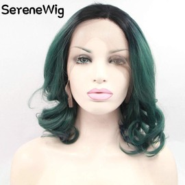 SereneWig Black Green Bob Lace Front Wig for Women Best Green Teal Ombre Dark Roots Curly Side Heat Resistant 14" Hair Cut