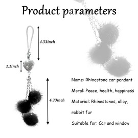 povtii Bling Car Hanging Ornament, Cute Love Heart and Plush Ball Pendant for Auto Rear View Mirror, Lucky Diamond Rearview Mirror Charm for Women Girls, Car Accessories (Black, Heart)