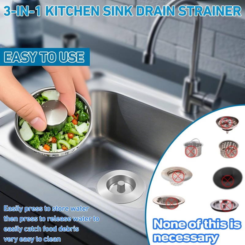 3-in-1 Kitchen Sink Drain Strainer & Stopper, Stainless Steel Food