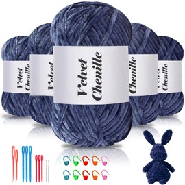 Maxee 500 g (5 x 100 g) Velvet Baby Wool, Velvet Chenille Yarn with Crochet Tools, Cuddly Soft Velvet Chenille Yarn, Fluffy, Soft Plush Wool, Crochet Yarn, Wool for Knitting and Crochet, Denim Blue