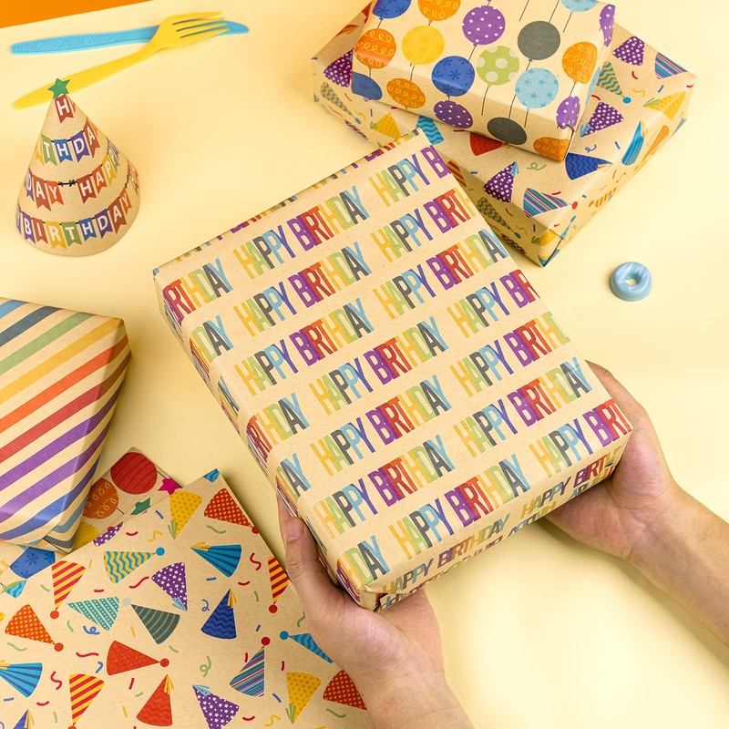 RUSPEPA Kraft Wrapping Paper Sheets - Happy Birthday Design -