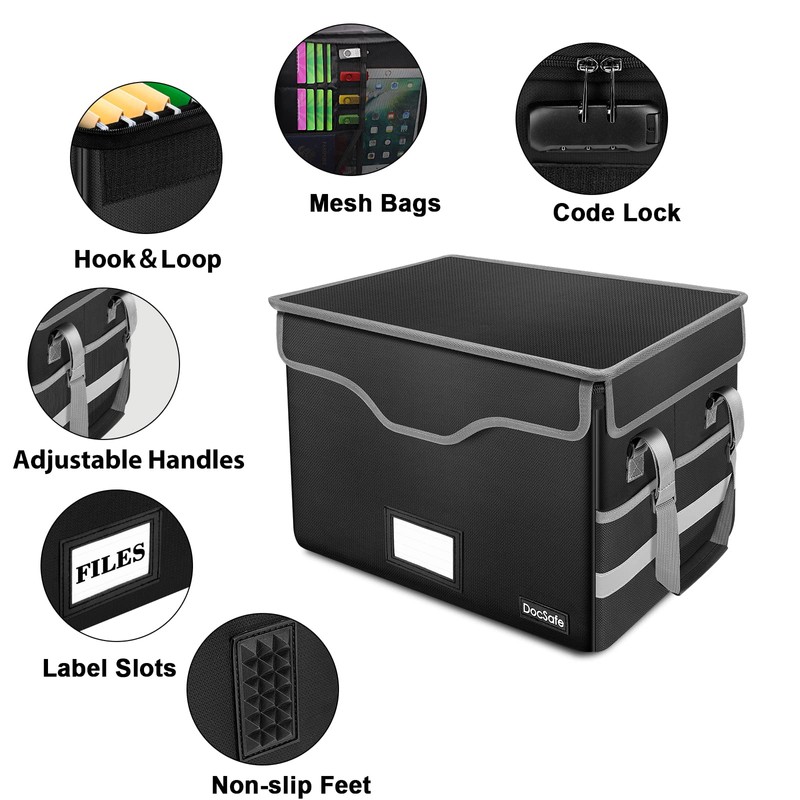 DocSafe Fireproof Document Box with Lock,File Storage Organizer with Pockets,Collapsible