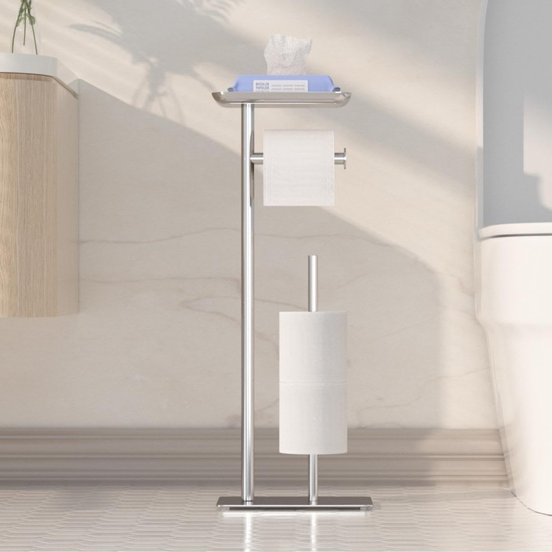 Toilet Paper Holder Stand with Top Storage Shelf, Free Standing