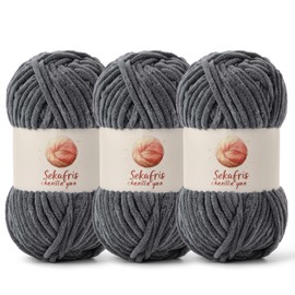 3 Pack Chunky Chenille Yarn for Crocheting, Baby Yarn for Crocheting Soft Blanket, 262.4 yds /10.5 oz Crochet Yarn, Bulky 5 Amigurumi Yarns, Fluffy Velvet Yarns for Knitting Crafts (3 Dark Gray)