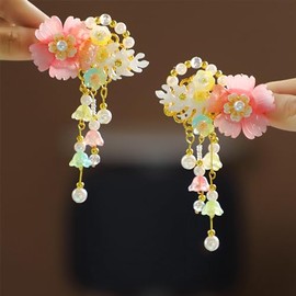 1 Pair Cute Flowers Pearls Tassel Hair Clips, Chinese Ancient Style Hairpins Flower Alligator Clips, Hanfu Hair Accessories Headdress for Girls (Pink)