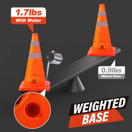 RoadHero Upgraded 18 Inch 2 Pack Collapsible Traffic Cones with Fillable Base, Pop-up Safety Cones with Reflective Collar for Road Safety, Orange Cones for Driving Training, Parking Lots