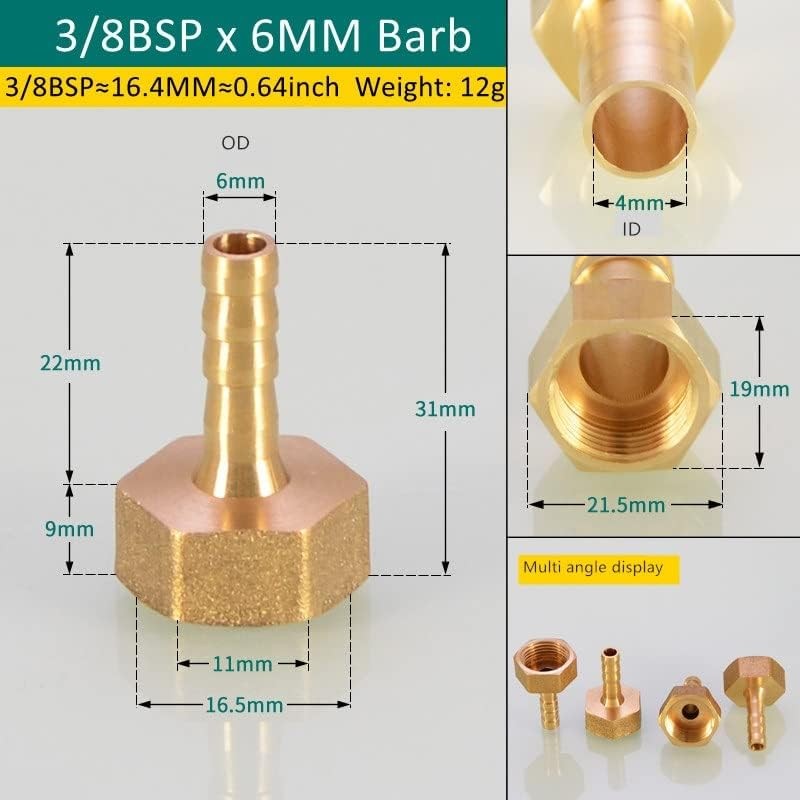 MiJunHD 2X Brass Pipe Fitting 6mm Hose Barb Tail 3/8''