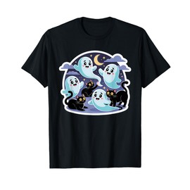 Black Cats with Cute Ghosts - Family Friendly T-Shirt