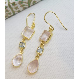Blue Topaz and Rose Quartz Gold Plated 925 Sterling Silver Earrings