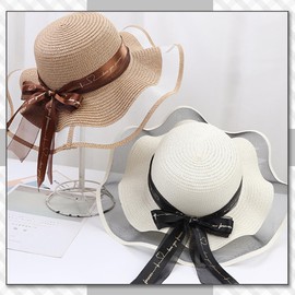 Chrome Crane CB425 Straw Hat, Ruffle, Satin, Ribbon, Flower, See-through, Sun Shade, UV Protection, Summer, Women's, white, Free size