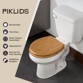 Toilet Seat, Slow Close, Premium Moulded Wood, Quick Release, Zen Bamboo Look, PIKLiDS, Laminated Woodgrain Finish (Round)