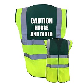 Equestrian Caution Horse And Rider Hi Viz Vis Vest Horse Riding Reflective Waistcoat Jacket Road Safety Visibility Yellow/Green XX-Large