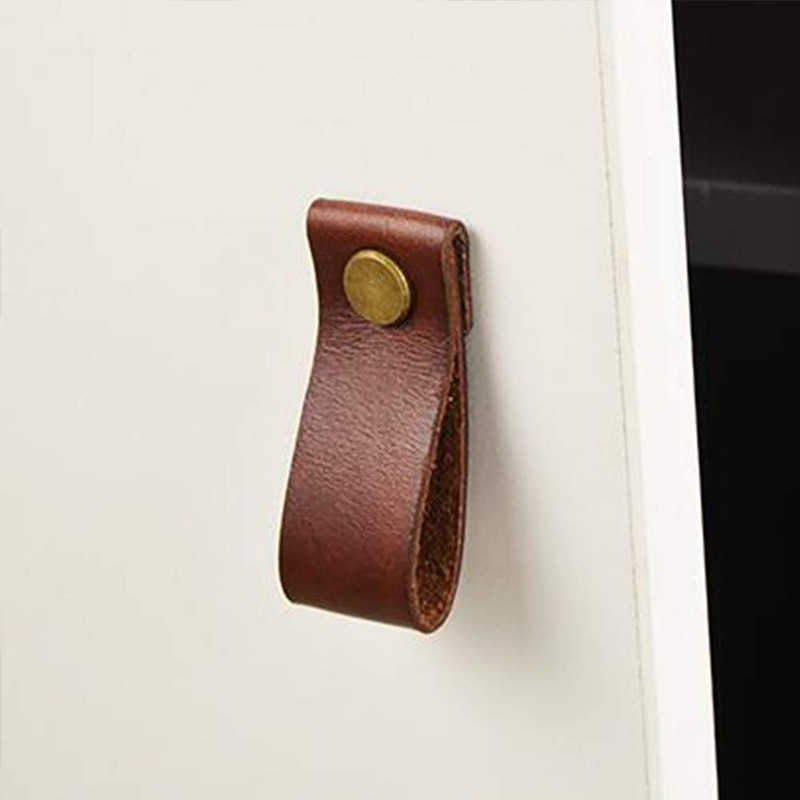 POFET 5pcs Handmade Leather Cabinet Door Handle Pulls Knob Dresser