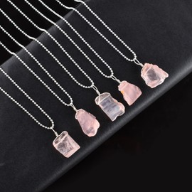 A+ Natural Raw Rose Quartz Gemstone Pendant Necklace, Rough Crystals, Energy Stone, Healing Crystals, Silver Plated Chain, Gift for Women, April Birthstone, Dainty Necklace, Gemstones Jewelry 18 inch