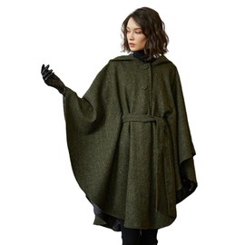 BEAUTELICATE Women Tweed Hooded Belted Cloak Buttons Closure Sleeveless Satin Lining Wool Poncho