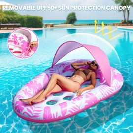 Inflatable Pool Floats Adult, 3-in-1 Tanning Pool Floaties Lounger with Canopy and Cup Holder, XL Pool Raft Floating Recliner Chairs for Swimming Pool Lake Beach, Pool Toys for Adults