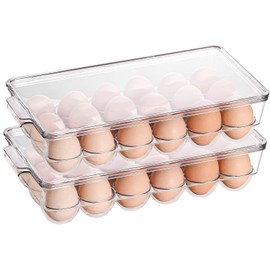 Sooyee 2 Pack Egg Holder for Refrigerator, Plastic Egg Storage Container, Fridge Egg Organizer, Clear Refrigerator Organizer Bins with Lids, Stackable Tray Holds 18 Eggs