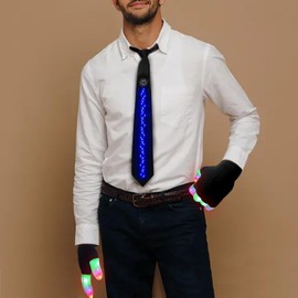 DreamsEden LED Finger Light Gloves & Flashing Necktie Set - Light Up Glowing Rave Party Accessories for Concerts & Festivals