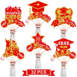 Crtiin 32 Pcs Graduation Party Decorations Graduation Centerpiece Sticks Congrats Grad Table Toppers with 32 Bamboo Sticks and 80 Stickers 2024 Graduation Party Table Centerpiece Supplies(Red)