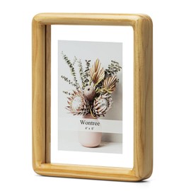 Wontree 6x8 Floating Picture Frame, Solid Pine Wood with Double Sided Real Glass, Fits 4x6 Photos or Display Any Size Photo up to 6x8, Wall Hanging or Tabletop Free-Standing, Nature
