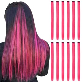 Colored Hair Extensions Clip in for Kids Girls Women, 22inch Straight, 12pieces Hot Pink