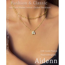 Aidenn Gold Layered Necklaces for Women Girls A-Z Initial Necklace 14K Gold Plated Tiny Small Cubic Zirconia Bubble Letter Pendent,Paperclip Chain Choker for Women Gifts