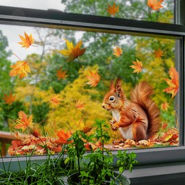 Autumn Maple Leaf Window Clings – Double-Sided Thanksgiving Tree Branches with Birds & Hazelnut, Removable Fall Glass Door Stickers for Home Bedroom Living Room Farmhouse Decor