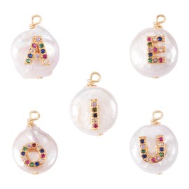 Magibeads 5Pcs Natural Freshwater Pearl Charms Colorful Cubic Zirconia Vowel Letter Alphabet Charms Gold Summer Beachy Ocean Pendants for Crafts DIY Bracelets Necklaces Jewelry Making Supplies