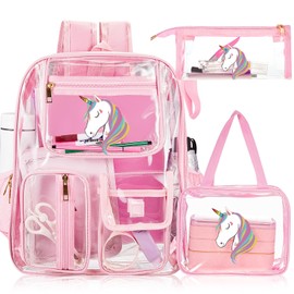 Silkfly 3 Pcs Clear Backpack Transparent School Backpacks PVC Clear Bookbag with Lunch Bag Pencil Case for Stadium Kids Girls Boys Christmas Gifts (Pink,Unicorn)