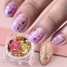 Nail Art Dried Flowers,3D Dried Flower Nail Art Stickers ins Japanese Gradient Small Floral Gold Foil Flake Delicate Natural Dried Flower Petal Nails Spring Summer Decor Charm DIY Manicure Accessories